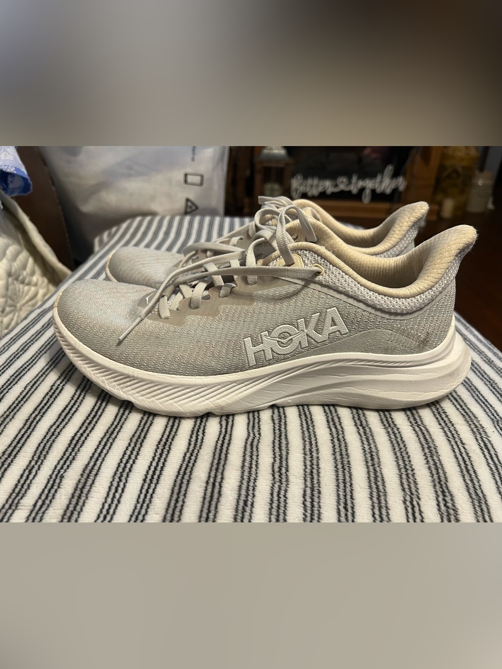 Hoka Neutral Running Shoes in Light Gray and Cream